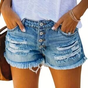 NWT ~ Women's Distressed Frayed Hem Holes Denim Blue Jean Cut Off Shorts ~ LARGE